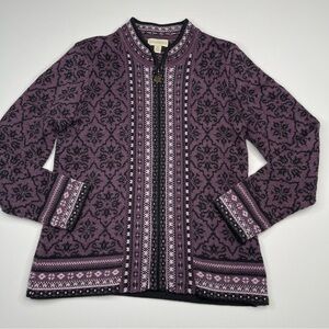 Fairisle Sweater Full Zip Cardigan Purple Wool Vintage Gorp Boho Winter Alpine